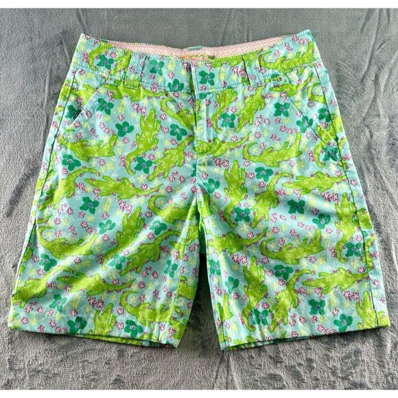 Lilly Pulitzer Shorts Women’s Size 2 Resort Fit Blue/Pink Alligator Cotton Check - Picture 1 of 15